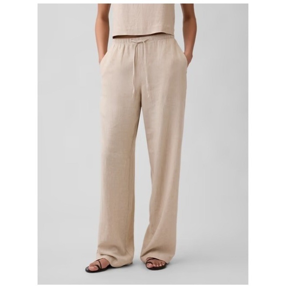 Gap Women's Size 12 Wide Leg Pants Beige Tie Waist Pockets High Rise 100% Linen